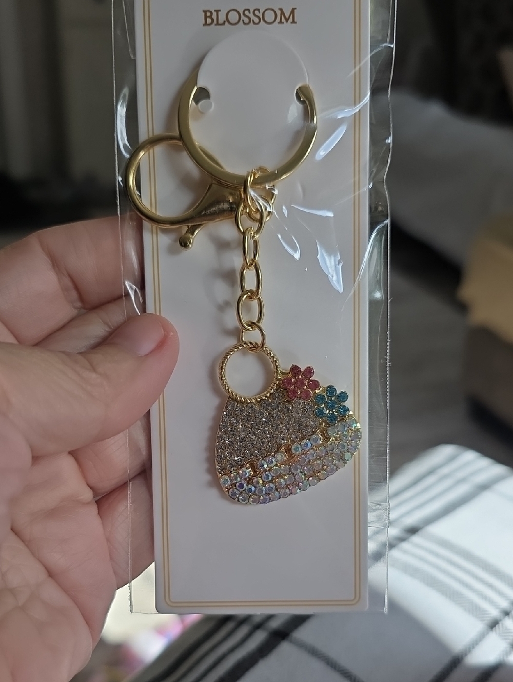 Gold Crystal Heart Keychain with Pink & Blue Flower Accents